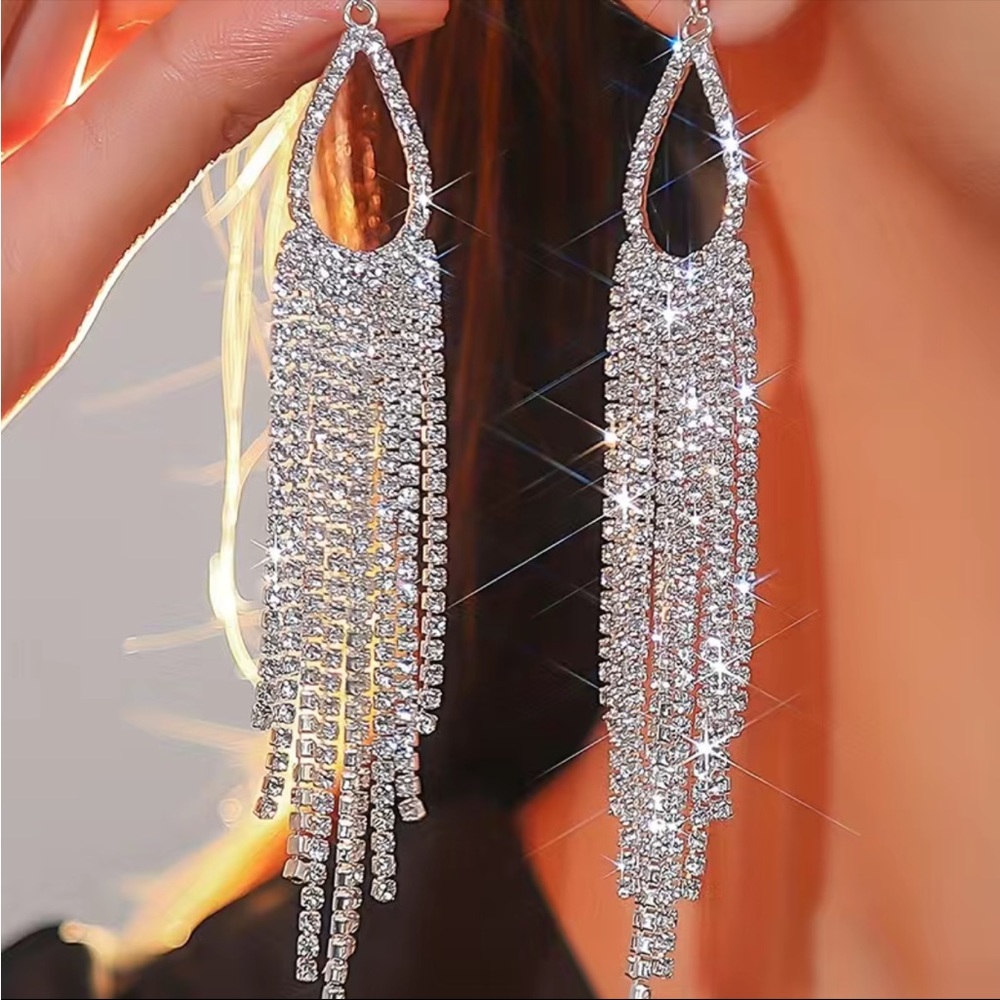 Rhinestone and Silver Tassel Dangle Earrings